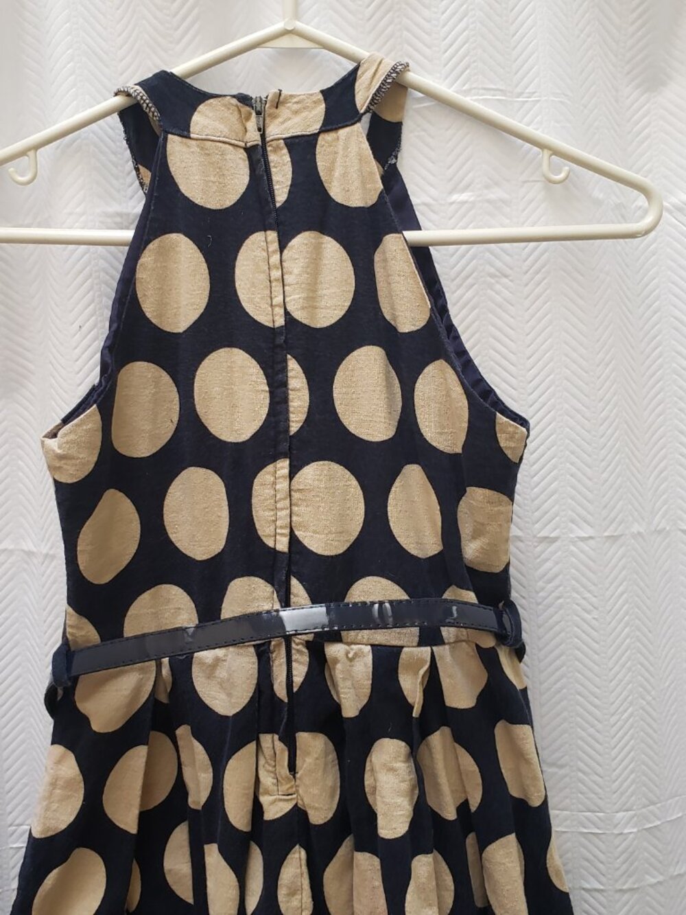 Girl's Dress Navy Blue With Beige Polka Dots Halter Neck with a Belt - Picture 16 of 16